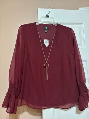 JM Collection Burgundy V-Neck Sheer Sleeve Blouse with Tassel Necklace